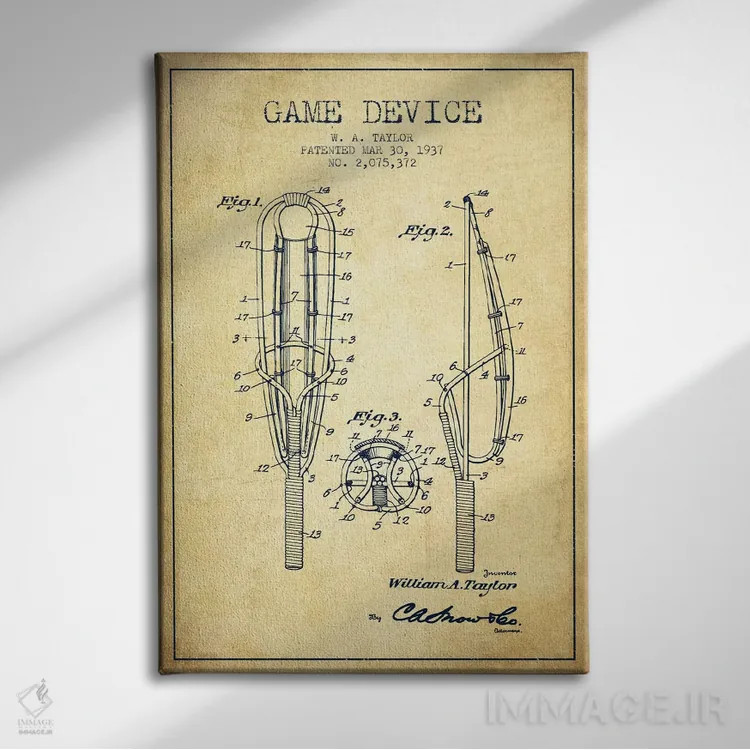 تابلو نقشهٔ ثبت اختراع قدیمی دستگاه بازی اثر پیکسل کهنه (استودیو/نام هنری) - نمای روبهرو روی دیوار