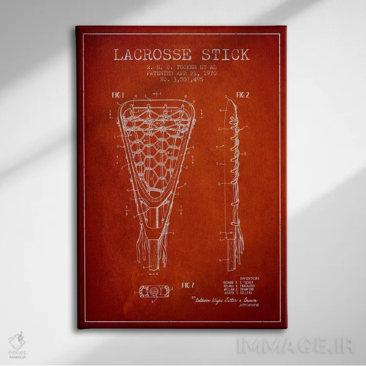 تابلو نقشهٔ ثبت اختراع چوب لاکروس (قرمز) اثر پیکسل کهنه (استودیو/نام هنری) - نمای روبهرو روی دیوار