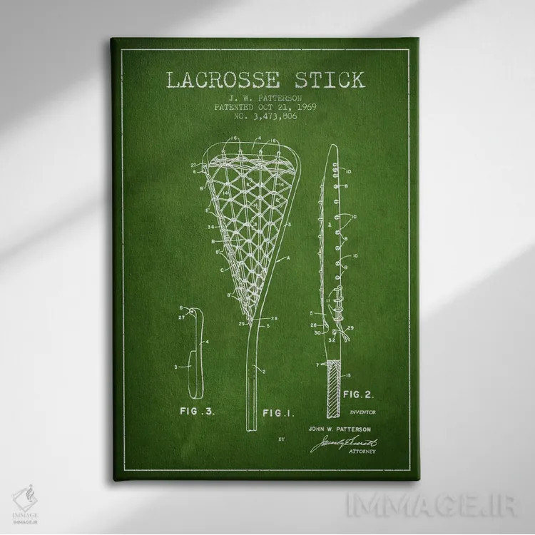 تابلو نقشهٔ ثبت اختراع چوب لاکروس (سبز) اثر پیکسل کهنه (استودیو/نام هنری) - نمای روبهرو روی دیوار
