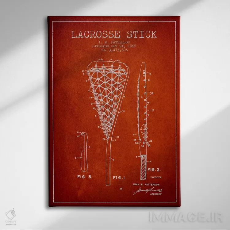 تابلو نقشهٔ ثبت اختراع چوب لاکروس (قرمز) اثر پیکسل کهنه (استودیو/نام هنری) - نمای روبهرو روی دیوار