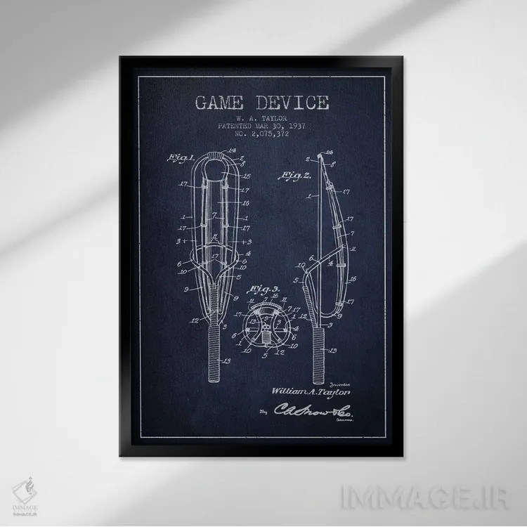 تابلو نقشهٔ ثبت اختراع دستگاه بازی (آبی نفتی) اثر پیکسل کهنه (استودیو/نام هنری) - نمای قابدار مشکی