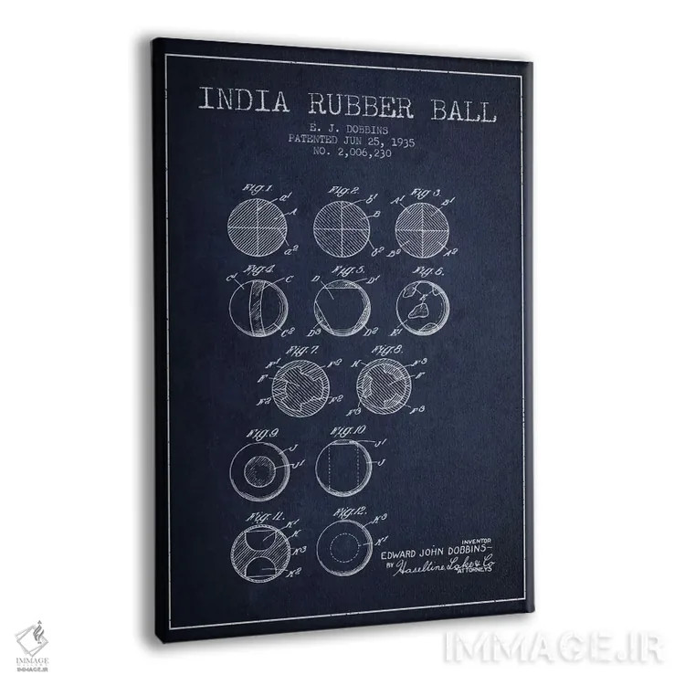 تابلو نقشهٔ ثبت اختراع توپ لاستیکی هندی (آبی نفتی) اثر پیکسل کهنه (استودیو/نام هنری) - نمای پرسپکتیو محصول