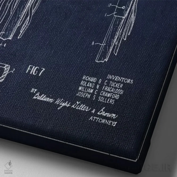 تابلو نقشهٔ ثبت اختراع چوب لاکروس (آبی نفتی) اثر پیکسل کهنه (استودیو/نام هنری) - نمای نزدیک بافت بوم