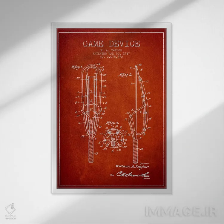 تابلو نقشهٔ ثبت اختراع دستگاه بازی (قرمز) اثر پیکسل کهنه (استودیو/نام هنری) - نمای قابدار سفید