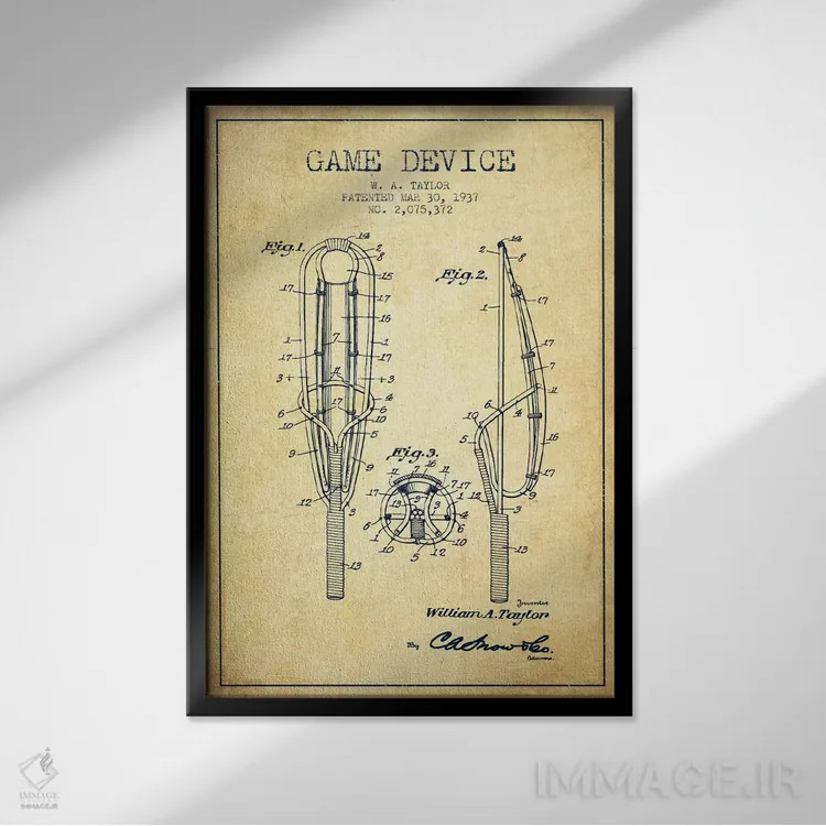 تابلو نقشهٔ ثبت اختراع قدیمی دستگاه بازی اثر پیکسل کهنه (استودیو/نام هنری) - نمای قابدار مشکی