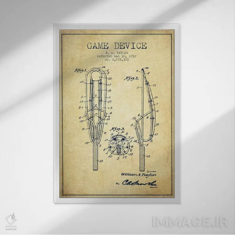 تابلو نقشهٔ ثبت اختراع قدیمی دستگاه بازی اثر پیکسل کهنه (استودیو/نام هنری) - نمای قابدار سفید