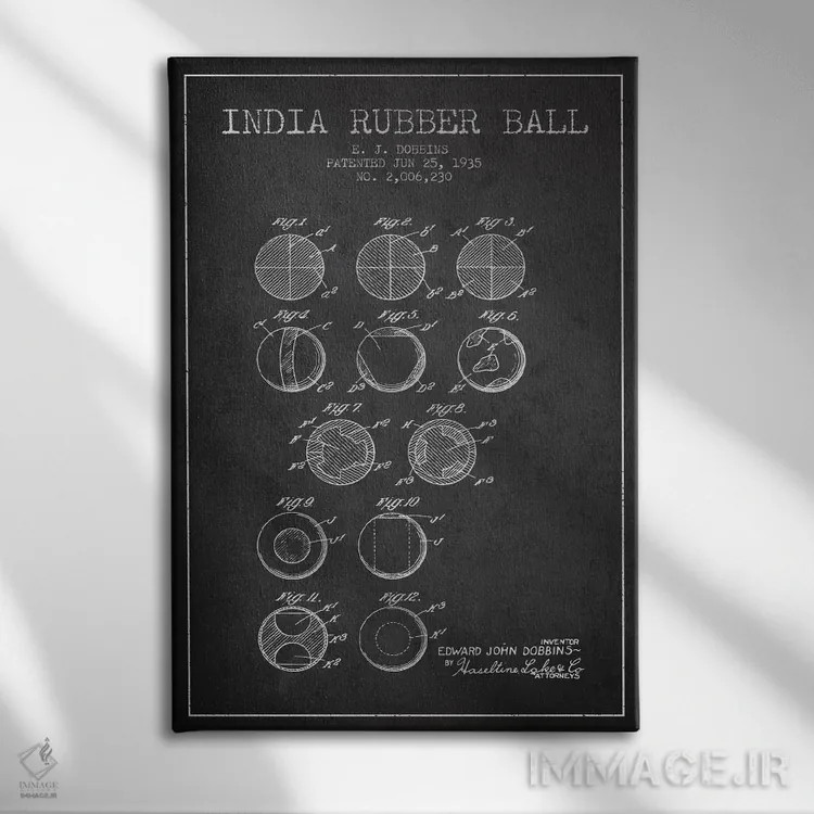 تابلو نقشهٔ ثبت اختراع توپ لاستیکی هندی (زغالی) اثر پیکسل کهنه (استودیو/نام هنری) - نمای روبهرو روی دیوار