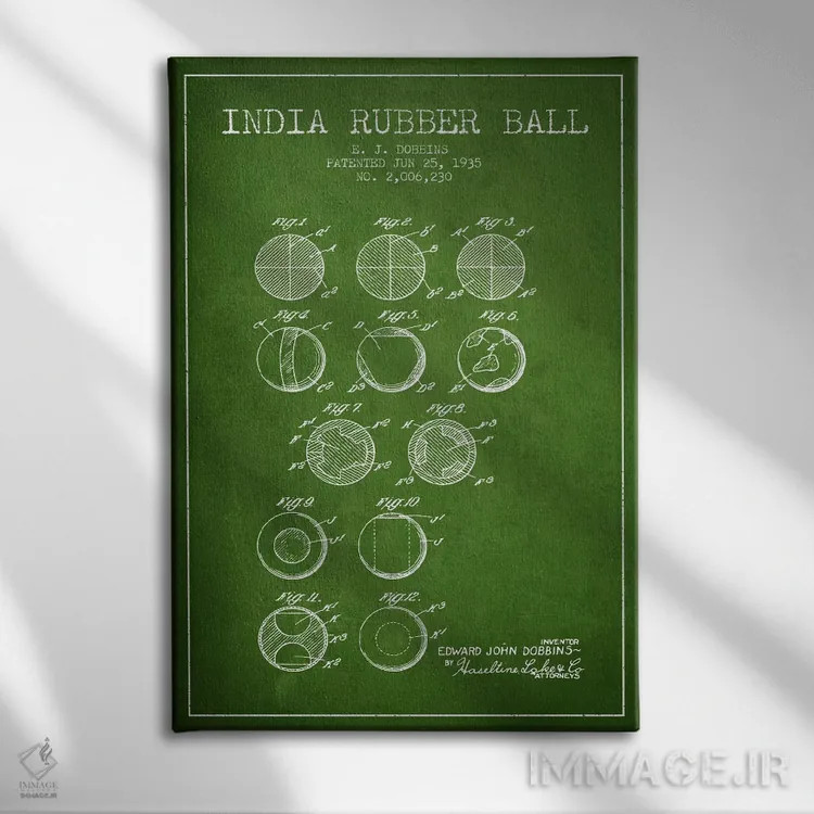 تابلو نقشهٔ ثبت اختراع توپ لاستیکی هندی (سبز) اثر پیکسل کهنه (استودیو/نام هنری) - نمای روبهرو روی دیوار