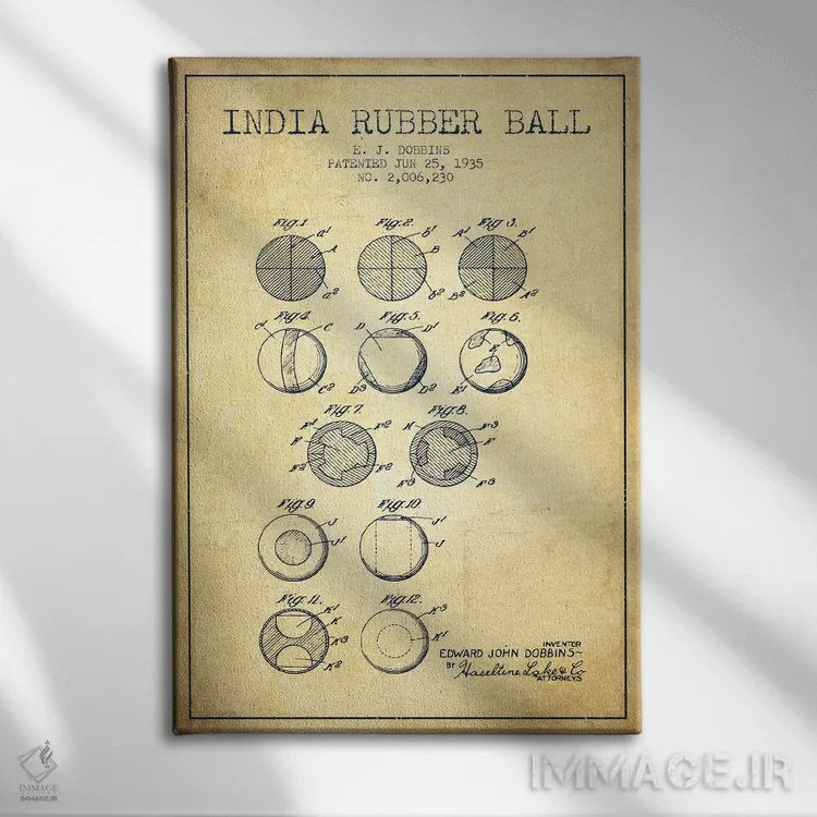 تابلو نقشهٔ ثبت اختراع قدیمی توپ لاستیکی هندی اثر پیکسل کهنه (استودیو/نام هنری) - نمای روبهرو روی دیوار