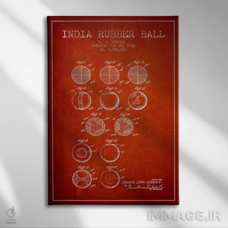 تابلو نقشهٔ ثبت اختراع توپ لاستیکی هندی (قرمز) اثر پیکسل کهنه (استودیو/نام هنری) - نمای روبهرو روی دیوار