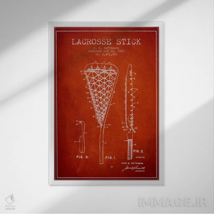 تابلو نقشهٔ ثبت اختراع چوب لاکروس (قرمز) اثر پیکسل کهنه (استودیو/نام هنری) - نمای قابدار سفید