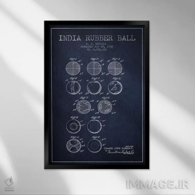 تابلو نقشهٔ ثبت اختراع توپ لاستیکی هندی (آبی نفتی) اثر پیکسل کهنه (استودیو/نام هنری) - نمای قابدار مشکی