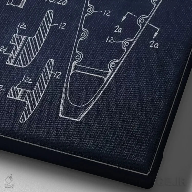 تابلو نقشهٔ ثبت اختراع چوب لاکروس (آبی نفتی) اثر پیکسل کهنه (استودیو/نام هنری) - نمای نزدیک بافت بوم
