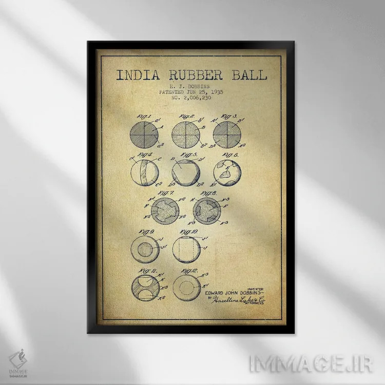 تابلو نقشهٔ ثبت اختراع قدیمی توپ لاستیکی هندی اثر پیکسل کهنه (استودیو/نام هنری) - نمای قابدار مشکی