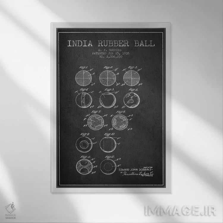 تابلو نقشهٔ ثبت اختراع توپ لاستیکی هندی (زغالی) اثر پیکسل کهنه (استودیو/نام هنری) - نمای قابدار سفید