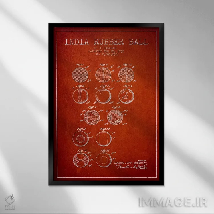 تابلو نقشهٔ ثبت اختراع توپ لاستیکی هندی (قرمز) اثر پیکسل کهنه (استودیو/نام هنری) - نمای قابدار مشکی