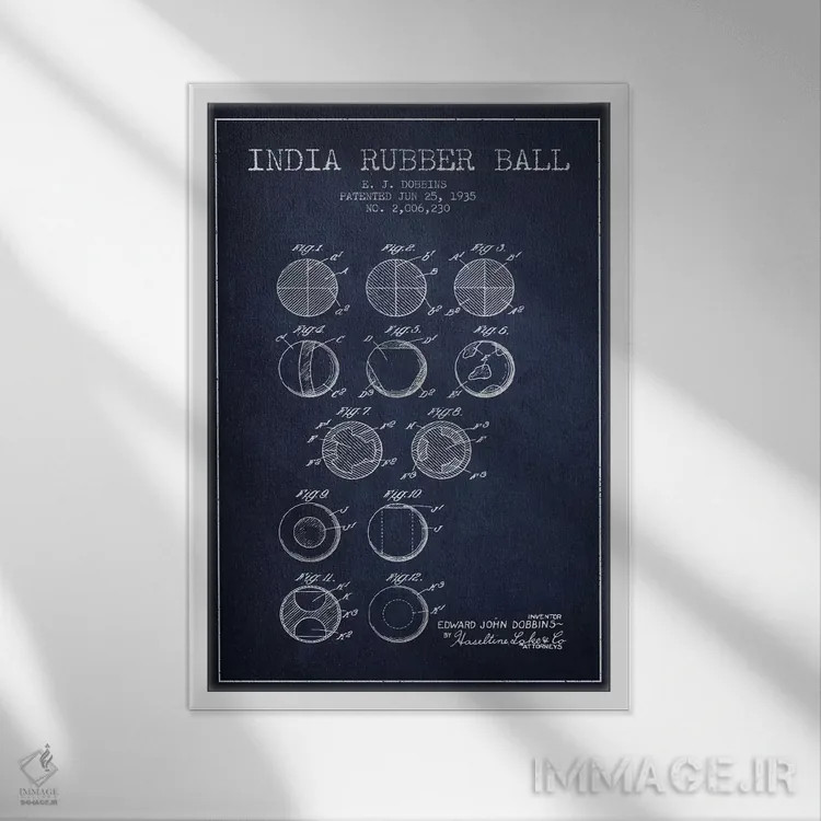 تابلو نقشهٔ ثبت اختراع توپ لاستیکی هندی (آبی نفتی) اثر پیکسل کهنه (استودیو/نام هنری) - نمای قابدار سفید