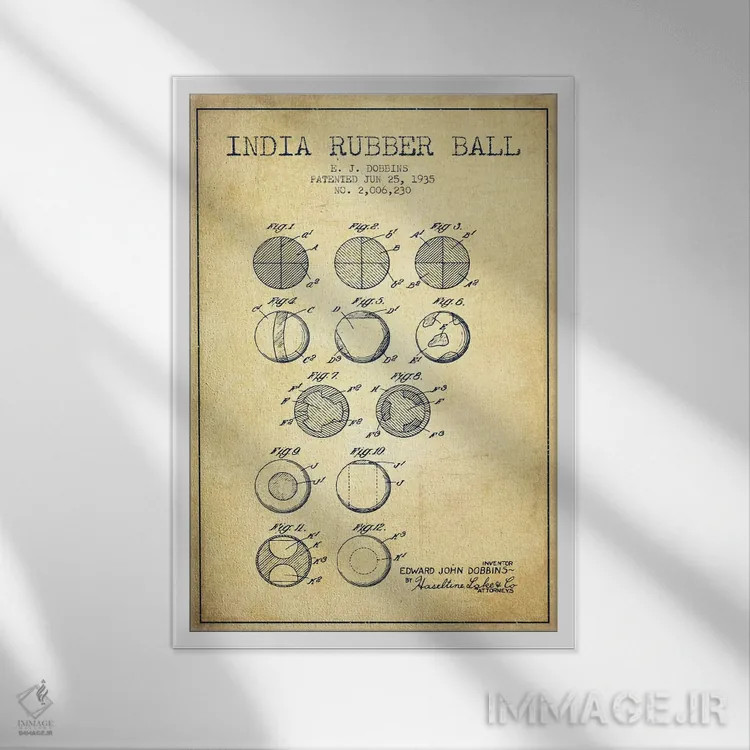 تابلو نقشهٔ ثبت اختراع قدیمی توپ لاستیکی هندی اثر پیکسل کهنه (استودیو/نام هنری) - نمای قابدار سفید