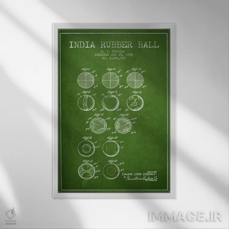 تابلو نقشهٔ ثبت اختراع توپ لاستیکی هندی (سبز) اثر پیکسل کهنه (استودیو/نام هنری) - نمای قابدار سفید