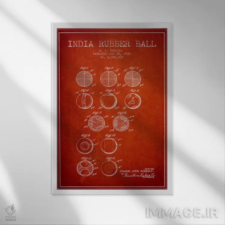 تابلو نقشهٔ ثبت اختراع توپ لاستیکی هندی (قرمز) اثر پیکسل کهنه (استودیو/نام هنری) - نمای قابدار سفید