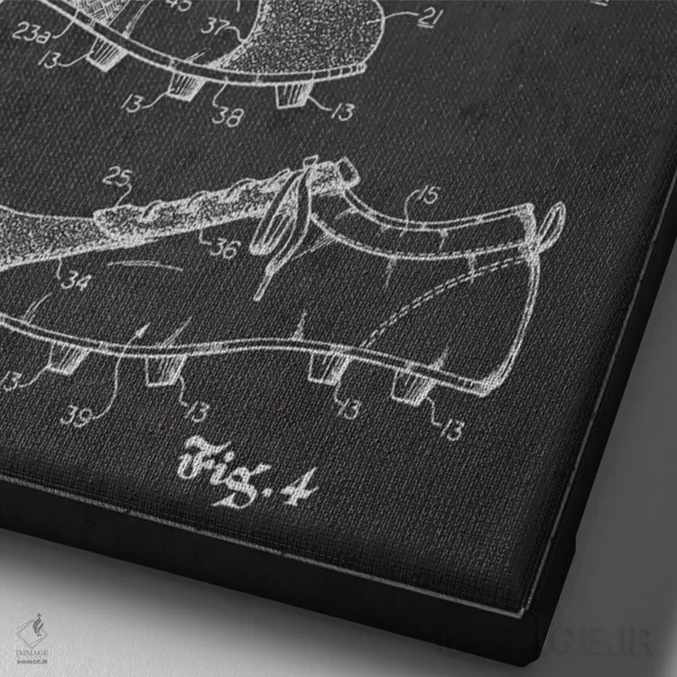 تابلو نقشهٔ ثبت اختراع کفش فوتبال (زغالی) اثر پیکسل کهنه (استودیو/نام هنری) - نمای نزدیک بافت بوم