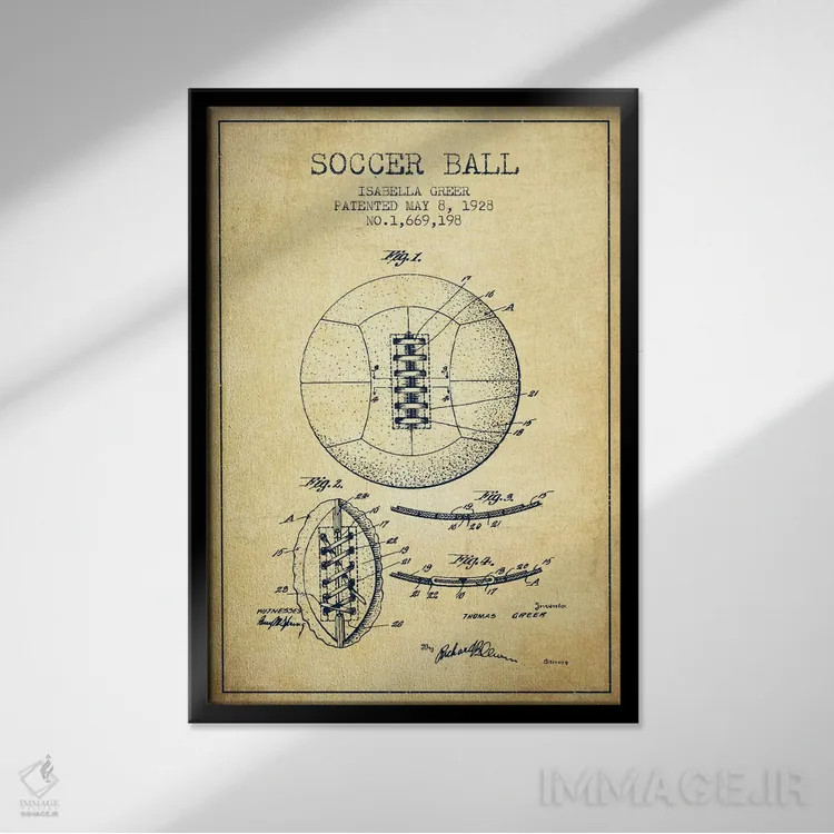 تابلو نقشهٔ ثبت اختراع قدیمی توپ فوتبال اثر پیکسل کهنه (استودیو/نام هنری) - نمای قابدار مشکی