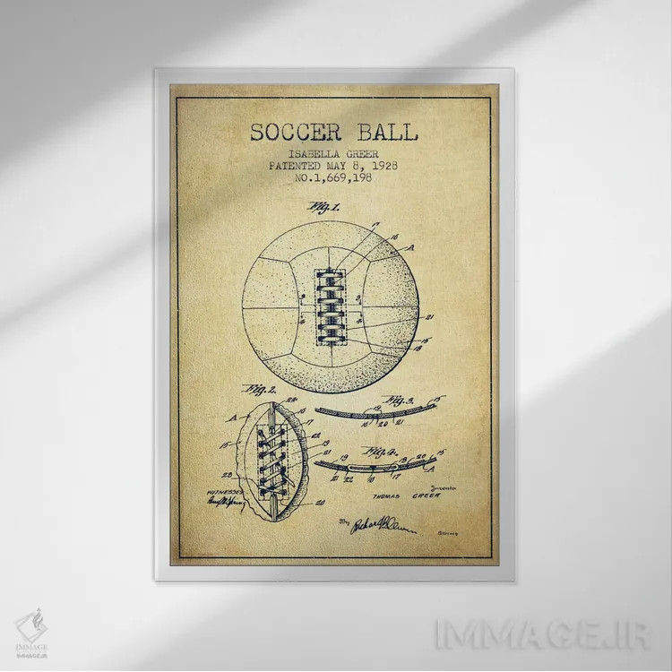 تابلو نقشهٔ ثبت اختراع قدیمی توپ فوتبال اثر پیکسل کهنه (استودیو/نام هنری) - نمای قابدار سفید