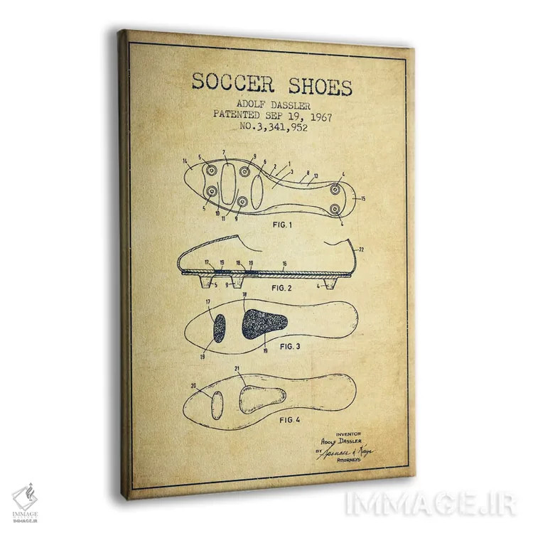 تابلو نقشهٔ ثبت اختراع قدیمی کفش فوتبال اثر پیکسل کهنه (استودیو/نام هنری) - نمای پرسپکتیو محصول