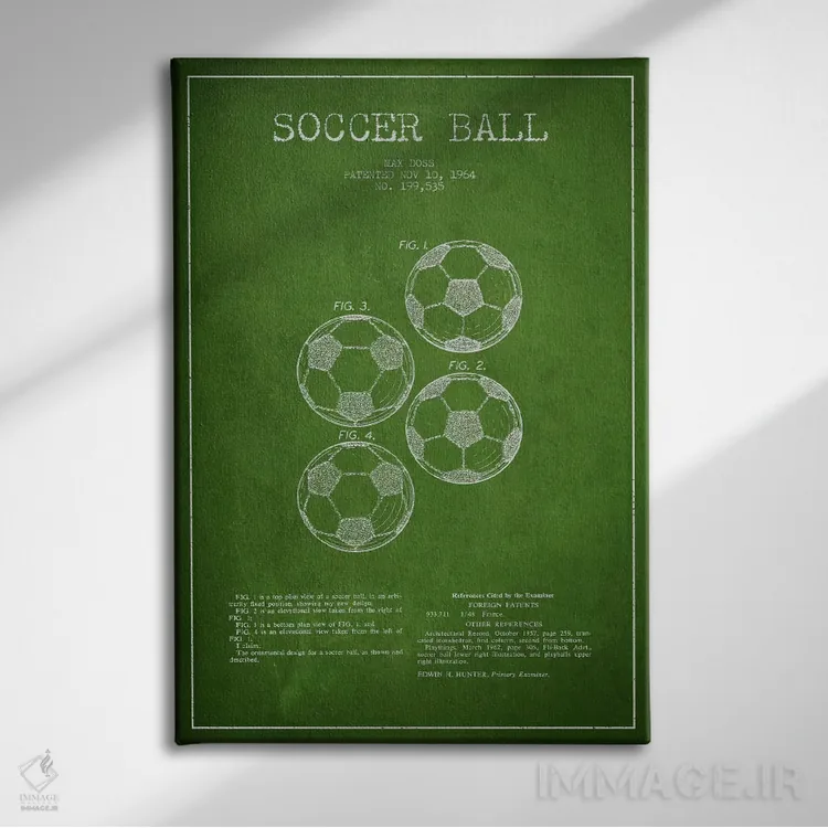 تابلو نقشهٔ ثبت اختراع توپ فوتبال (سبز) اثر پیکسل کهنه (استودیو/نام هنری) - نمای روبهرو روی دیوار