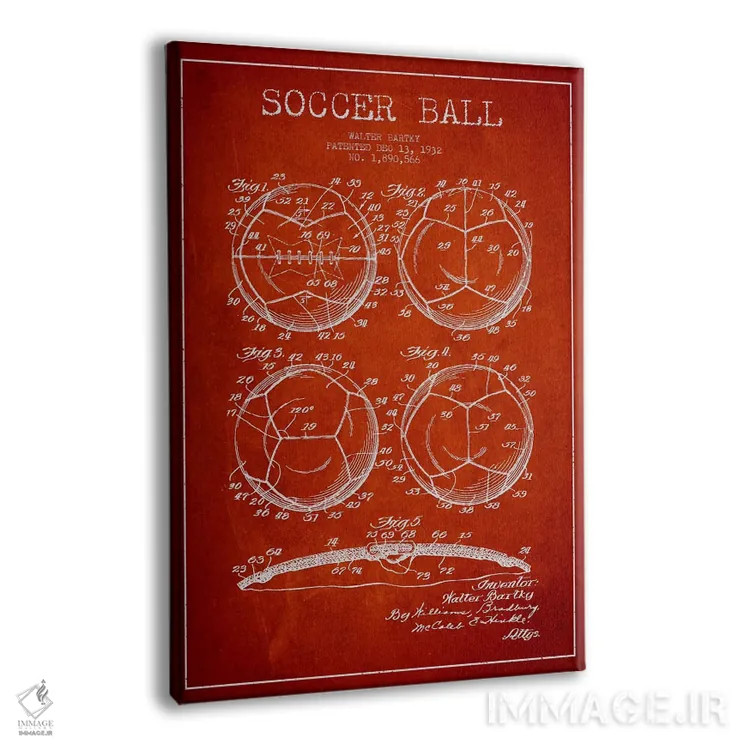 تابلو نقشهٔ ثبت اختراع توپ فوتبال بارتکی (قرمز) اثر پیکسل کهنه (استودیو/نام هنری) - نمای پرسپکتیو محصول