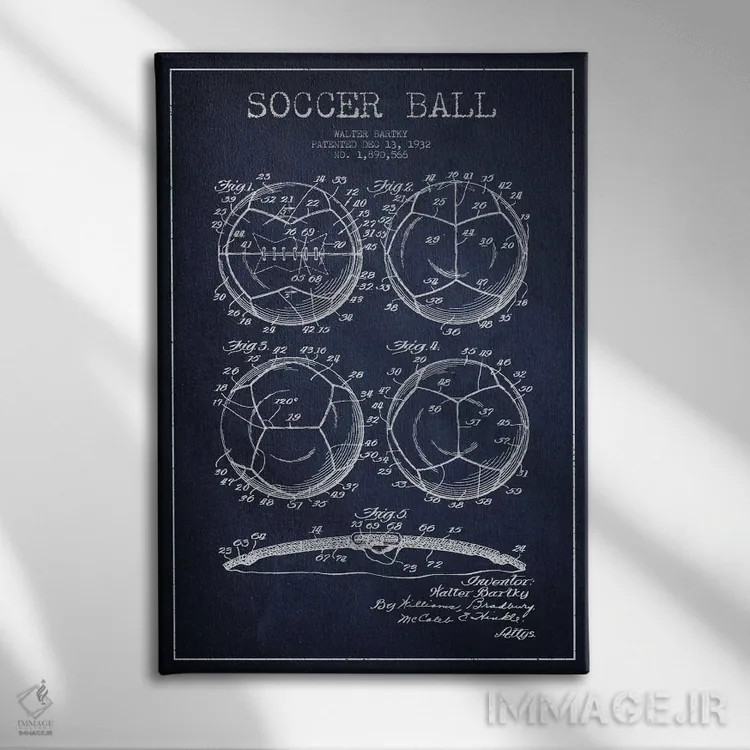 تابلو نقشهٔ ثبت اختراع توپ فوتبال بارتکی (آبی نفتی) اثر پیکسل کهنه (استودیو/نام هنری) - نمای روبهرو روی دیوار