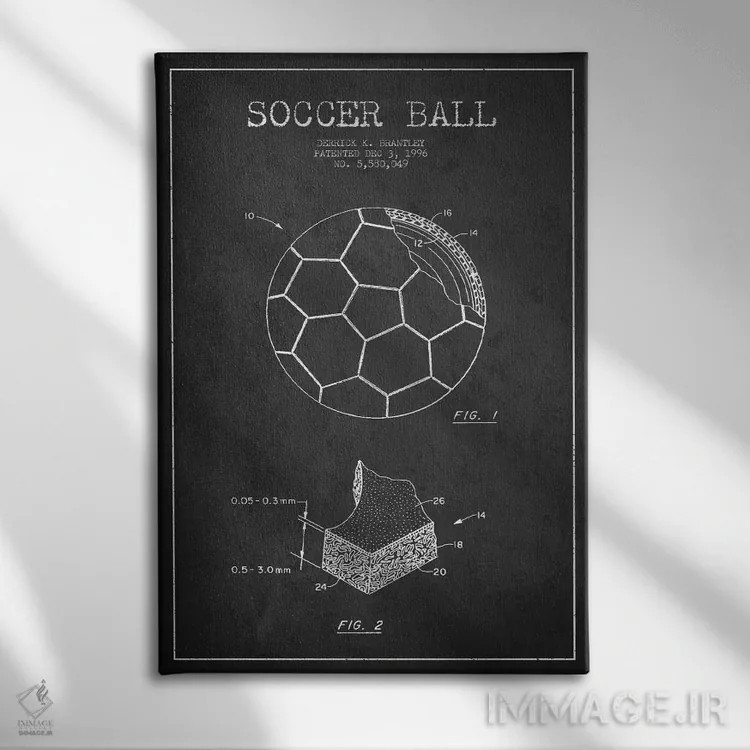 تابلو نقشهٔ ثبت اختراع توپ فوتبال برانتلی (زغالی) اثر پیکسل کهنه (استودیو/نام هنری) - نمای روبهرو روی دیوار
