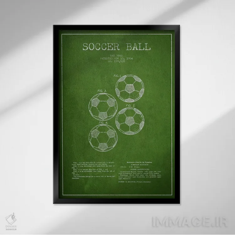 تابلو نقشهٔ ثبت اختراع توپ فوتبال (سبز) اثر پیکسل کهنه (استودیو/نام هنری) - نمای قابدار مشکی