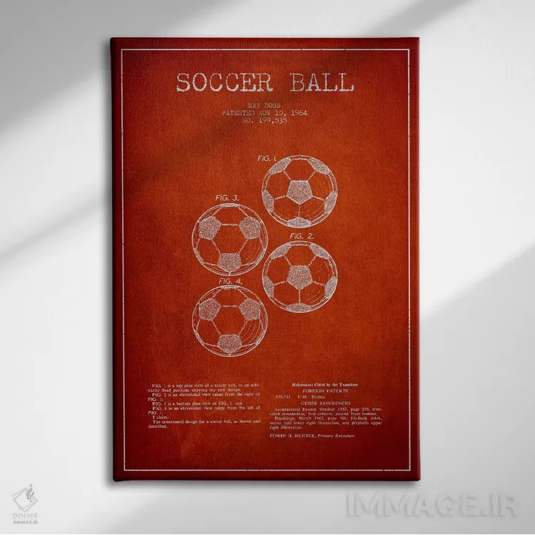 تابلو نقشهٔ ثبت اختراع توپ فوتبال (قرمز) اثر پیکسل کهنه (استودیو/نام هنری) - نمای روبهرو روی دیوار