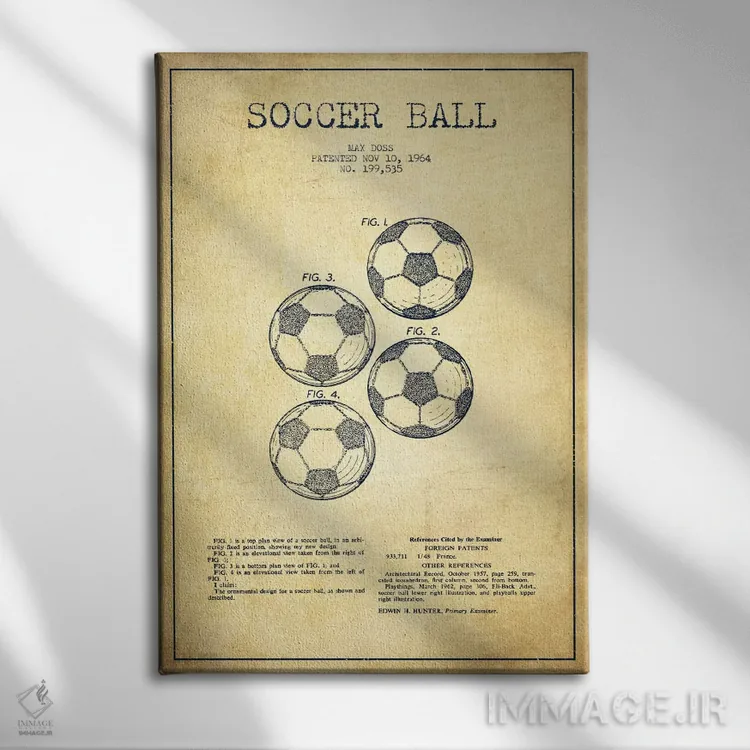 تابلو نقشهٔ ثبت اختراع قدیمی توپ فوتبال اثر پیکسل کهنه (استودیو/نام هنری) - نمای روبهرو روی دیوار