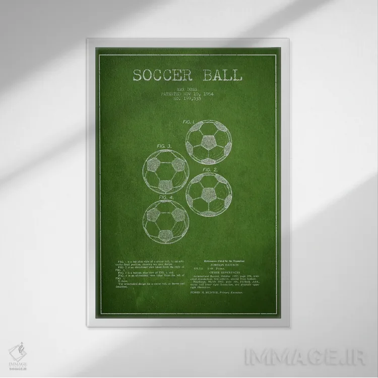 تابلو نقشهٔ ثبت اختراع توپ فوتبال (سبز) اثر پیکسل کهنه (استودیو/نام هنری) - نمای قابدار سفید