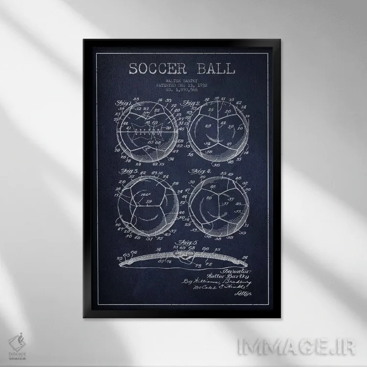 تابلو نقشهٔ ثبت اختراع توپ فوتبال بارتکی (آبی نفتی) اثر پیکسل کهنه (استودیو/نام هنری) - نمای قابدار مشکی