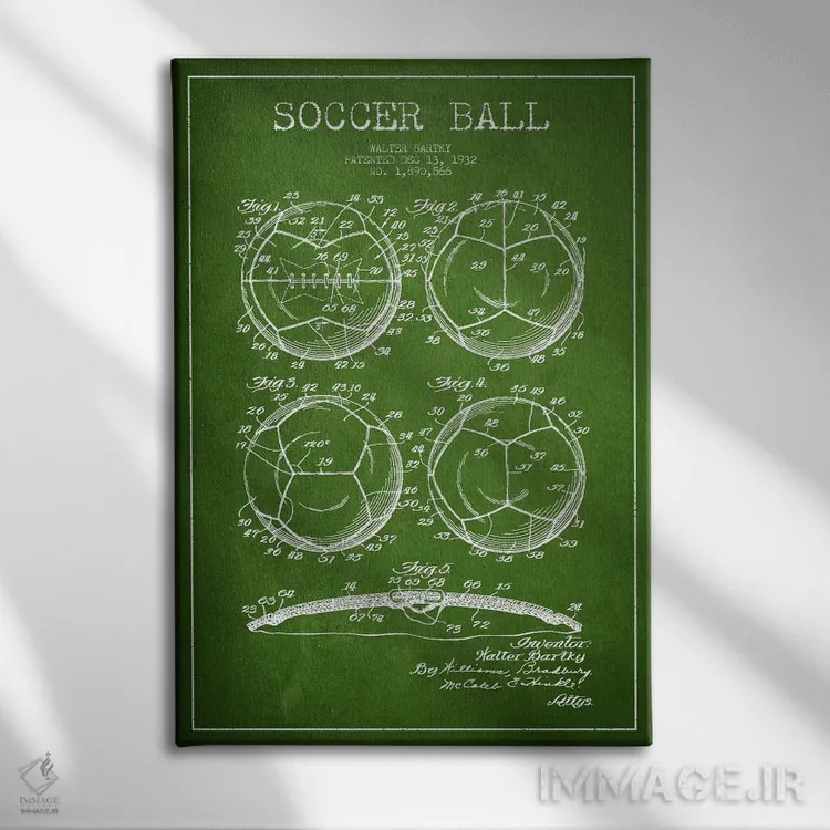 تابلو نقشهٔ ثبت اختراع توپ فوتبال بارتکی (سبز) اثر پیکسل کهنه (استودیو/نام هنری) - نمای روبهرو روی دیوار