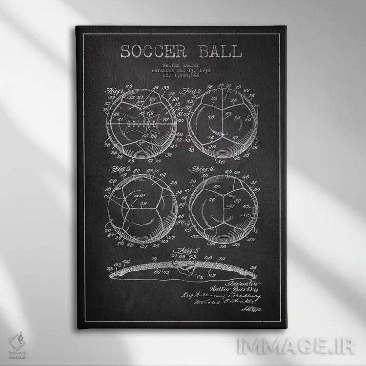 تابلو نقشهٔ ثبت اختراع توپ فوتبال بارتکی (زغالی) اثر پیکسل کهنه (استودیو/نام هنری) - نمای روبهرو روی دیوار