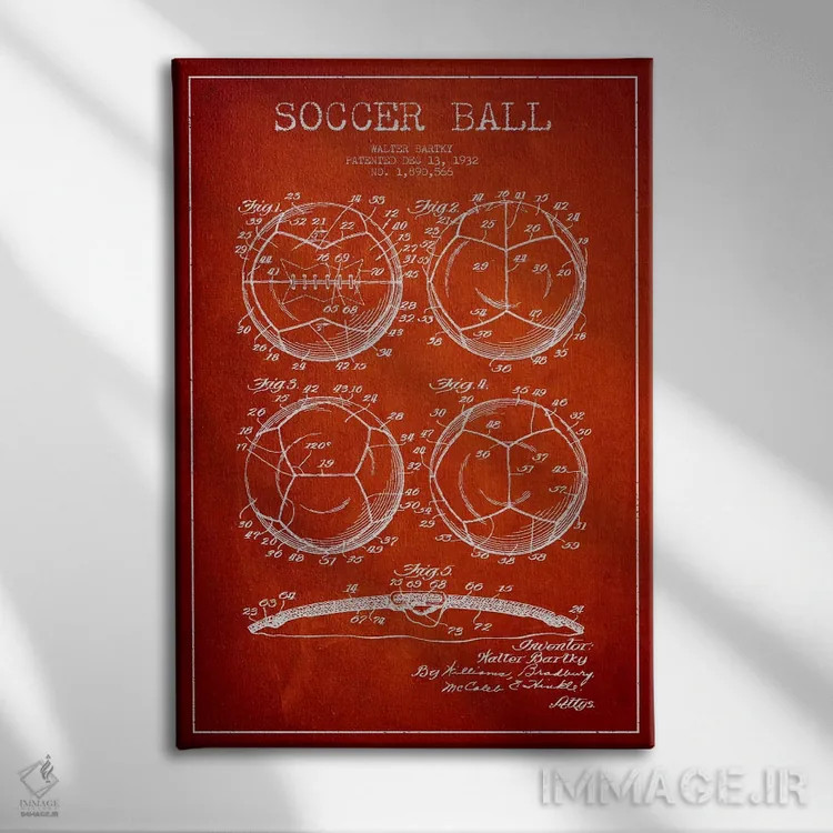 تابلو نقشهٔ ثبت اختراع توپ فوتبال بارتکی (قرمز) اثر پیکسل کهنه (استودیو/نام هنری) - نمای روبهرو روی دیوار