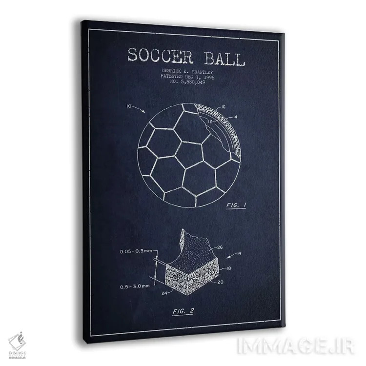 تابلو نقشهٔ ثبت اختراع توپ فوتبال برانتلی (آبی نفتی) اثر پیکسل کهنه (استودیو/نام هنری) - نمای پرسپکتیو محصول