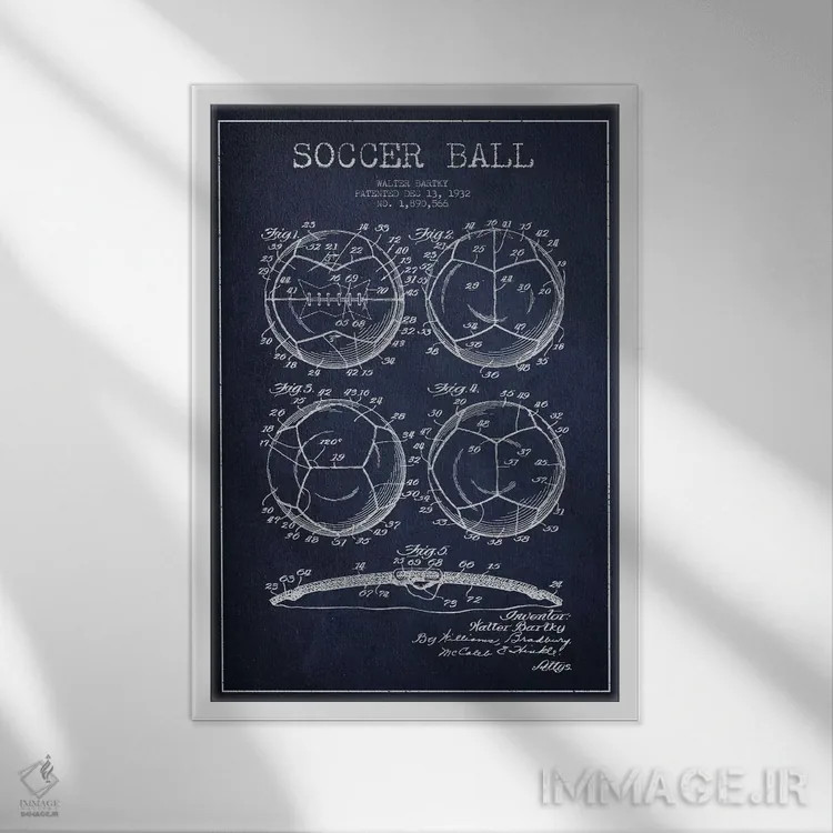 تابلو نقشهٔ ثبت اختراع توپ فوتبال بارتکی (آبی نفتی) اثر پیکسل کهنه (استودیو/نام هنری) - نمای قابدار سفید