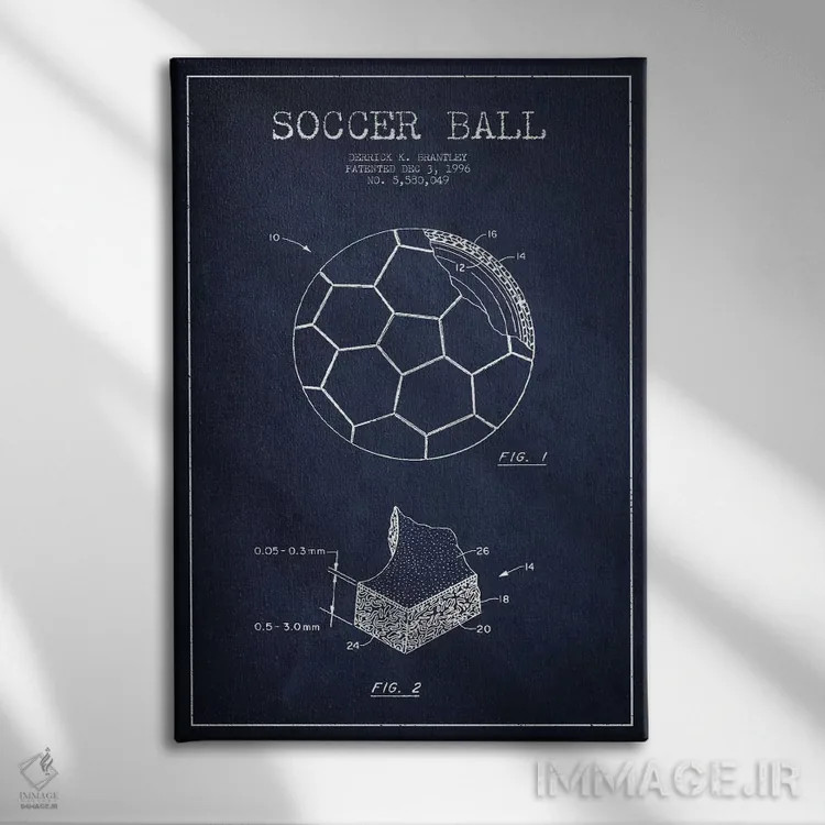 تابلو نقشهٔ ثبت اختراع توپ فوتبال برانتلی (آبی نفتی) اثر پیکسل کهنه (استودیو/نام هنری) - نمای روبهرو روی دیوار