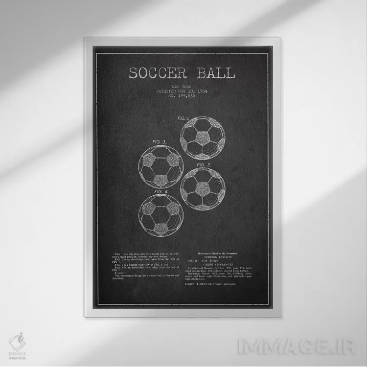 تابلو نقشهٔ ثبت اختراع توپ فوتبال (زغالی) اثر پیکسل کهنه (استودیو/نام هنری) - نمای قابدار سفید