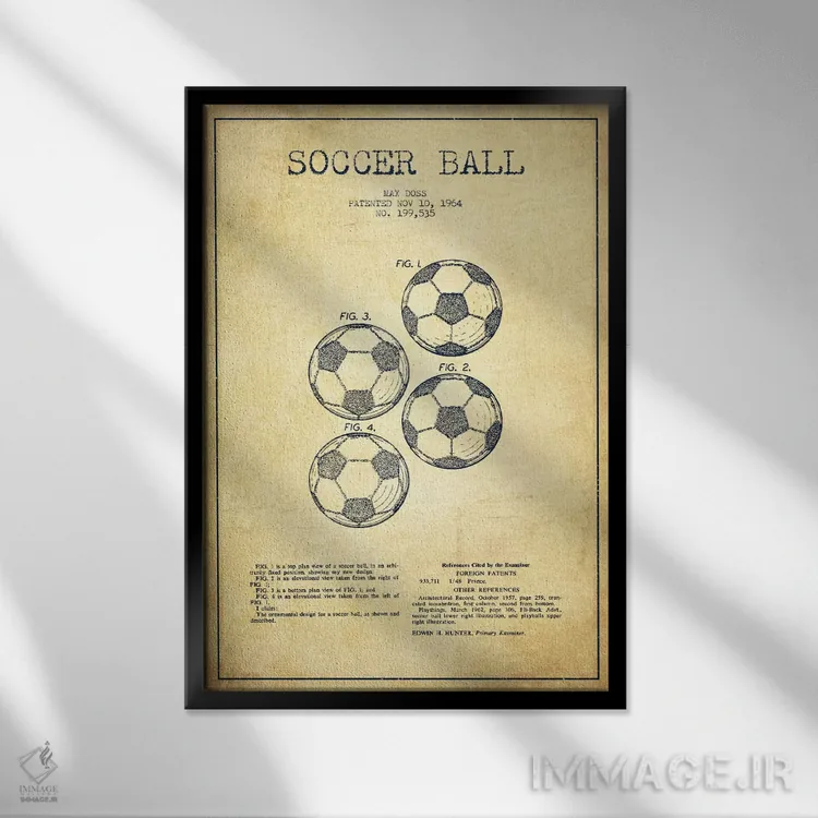 تابلو نقشهٔ ثبت اختراع قدیمی توپ فوتبال اثر پیکسل کهنه (استودیو/نام هنری) - نمای قابدار مشکی