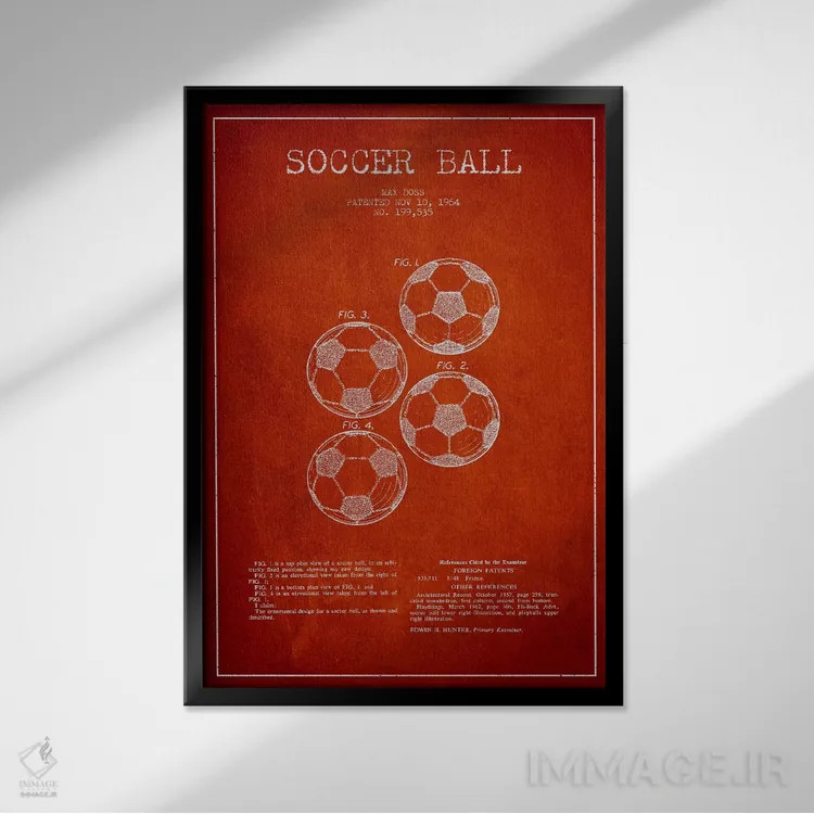 تابلو نقشهٔ ثبت اختراع توپ فوتبال (قرمز) اثر پیکسل کهنه (استودیو/نام هنری) - نمای قابدار مشکی