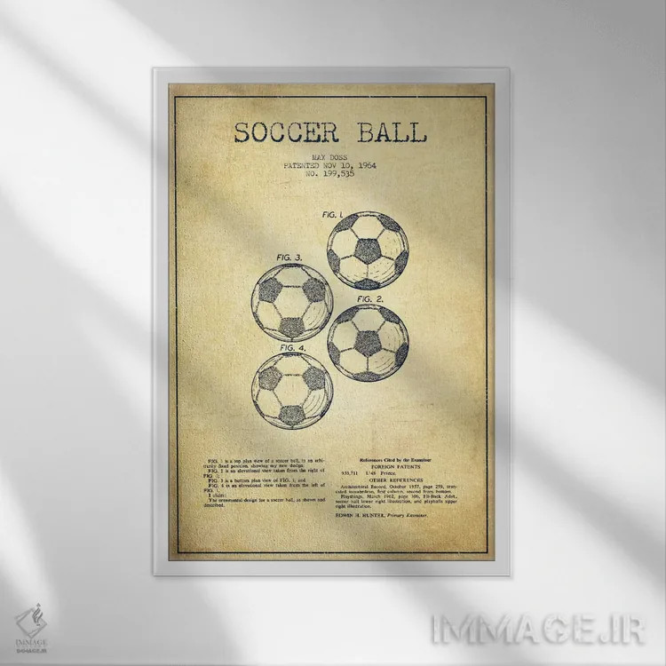 تابلو نقشهٔ ثبت اختراع قدیمی توپ فوتبال اثر پیکسل کهنه (استودیو/نام هنری) - نمای قابدار سفید