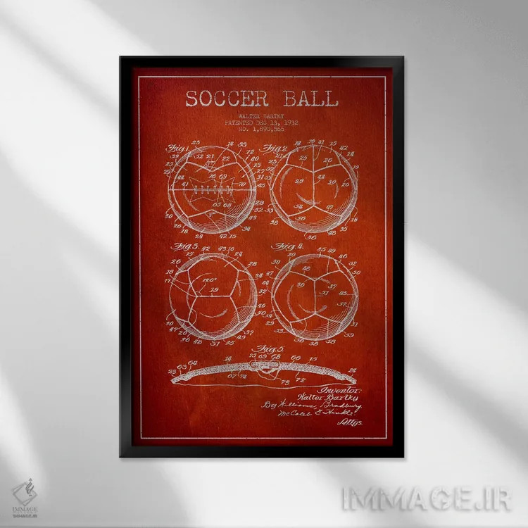 تابلو نقشهٔ ثبت اختراع توپ فوتبال بارتکی (قرمز) اثر پیکسل کهنه (استودیو/نام هنری) - نمای قابدار مشکی