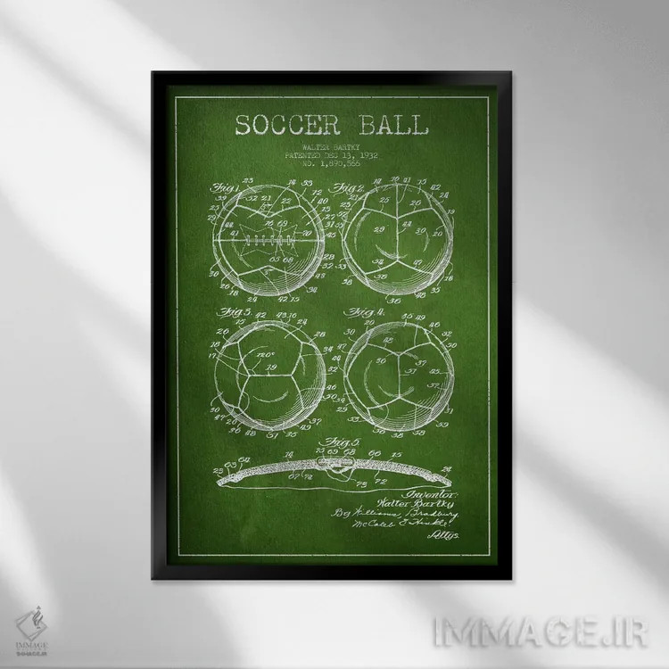 تابلو نقشهٔ ثبت اختراع توپ فوتبال بارتکی (سبز) اثر پیکسل کهنه (استودیو/نام هنری) - نمای قابدار مشکی