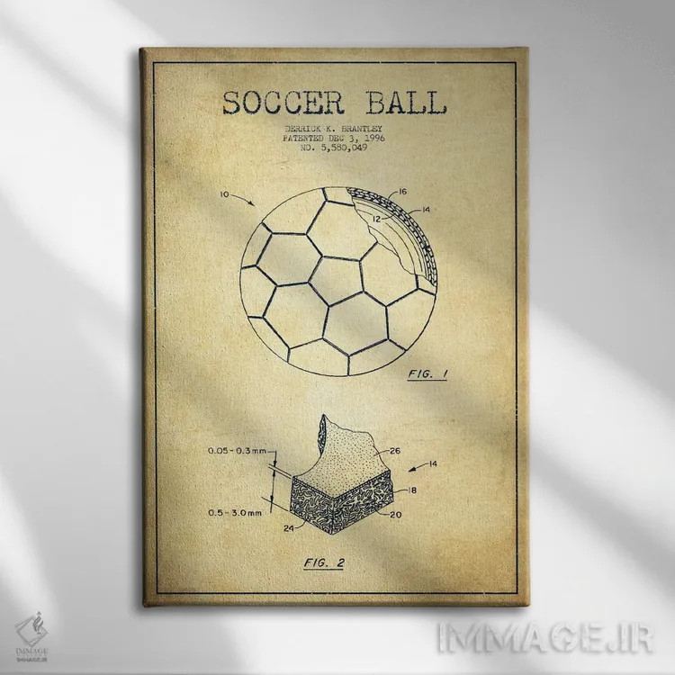 تابلو نقشهٔ ثبت اختراع قدیمی توپ فوتبال برانتلی اثر پیکسل کهنه (استودیو/نام هنری) - نمای روبهرو روی دیوار